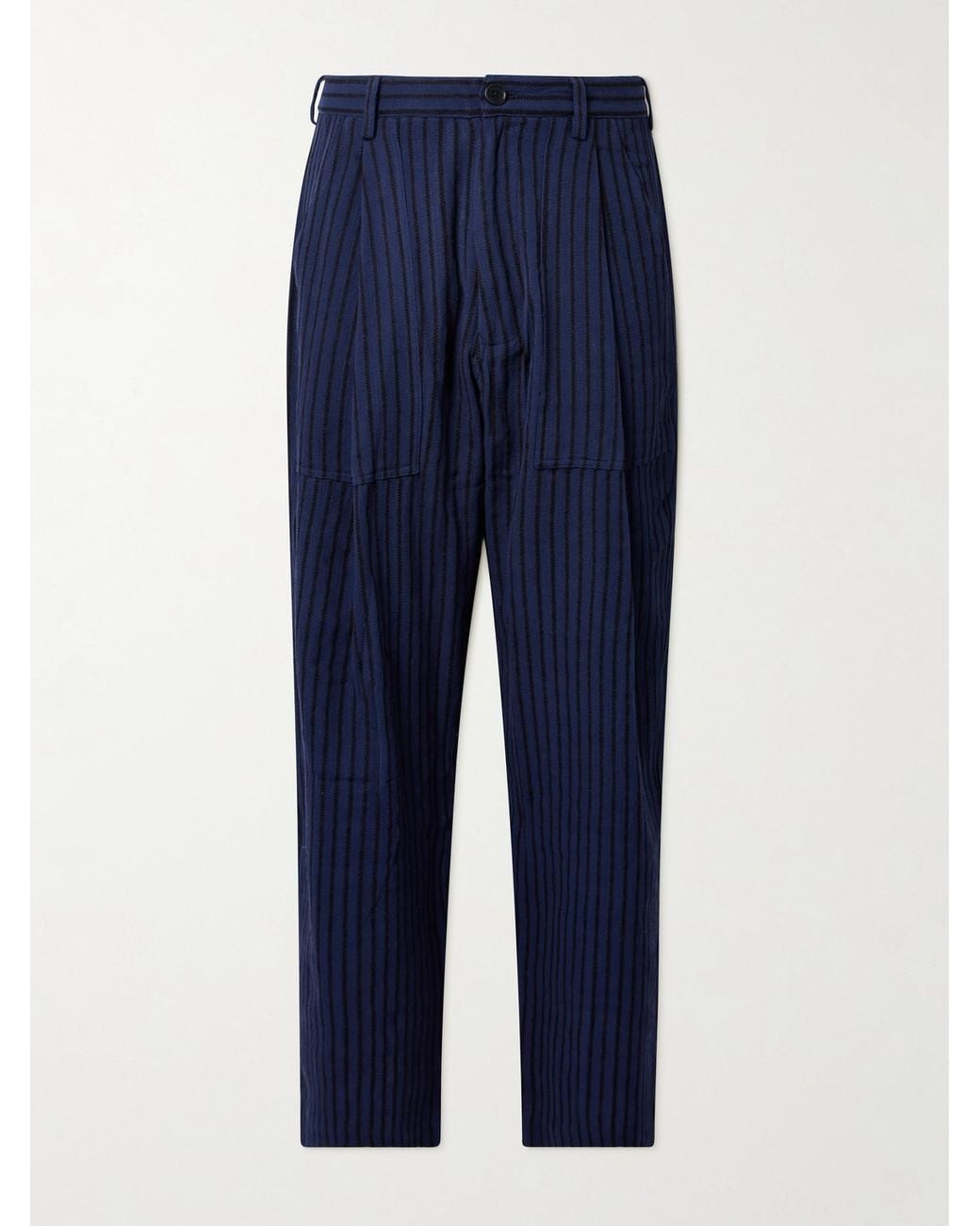 Kardo Blue Yuki Wide-Leg Pleated Striped Cotton Suit Trousers for men