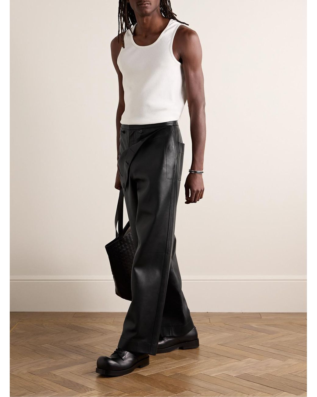 Bottega Veneta Black Layered Wide-Leg Leather Trousers for men