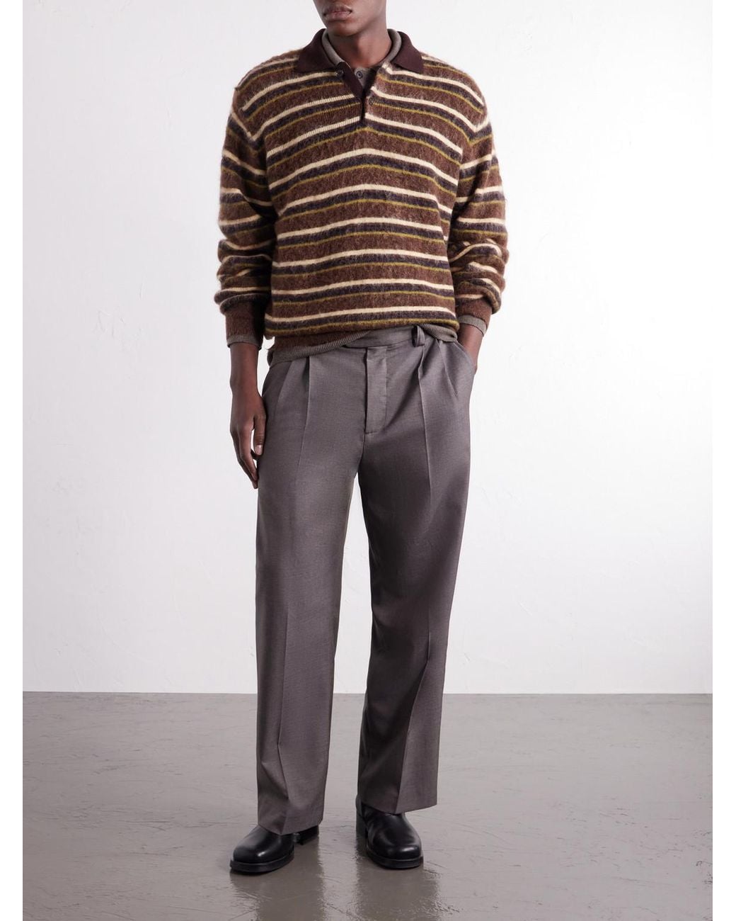 Ssstein Brown Striped Brushed-Knit Polo Shirt for men