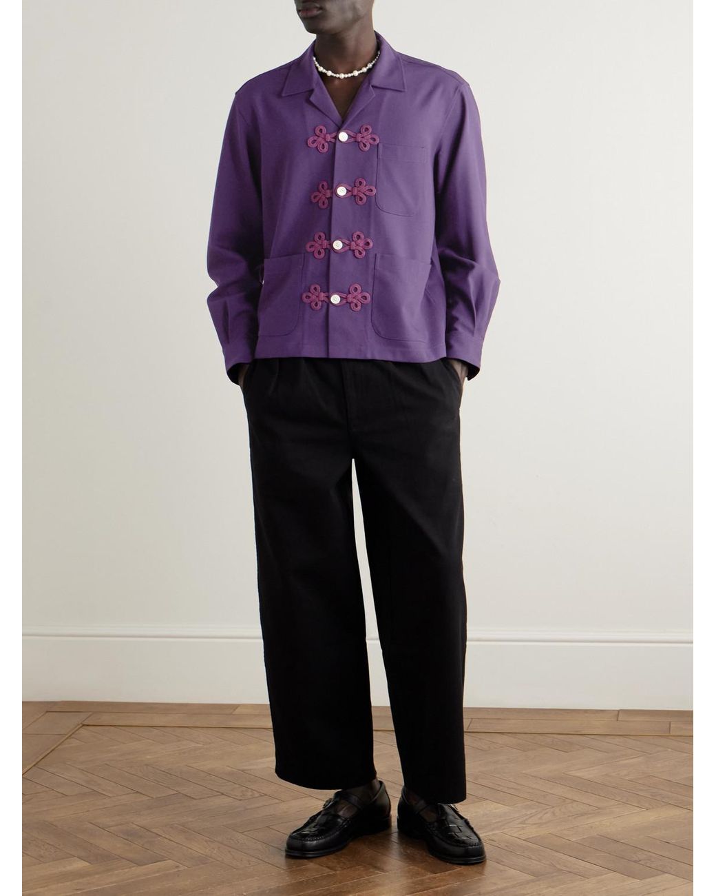 Bode Astor Trillium Camp-Collar Embroidered Wool Shirt in Purple für Herren