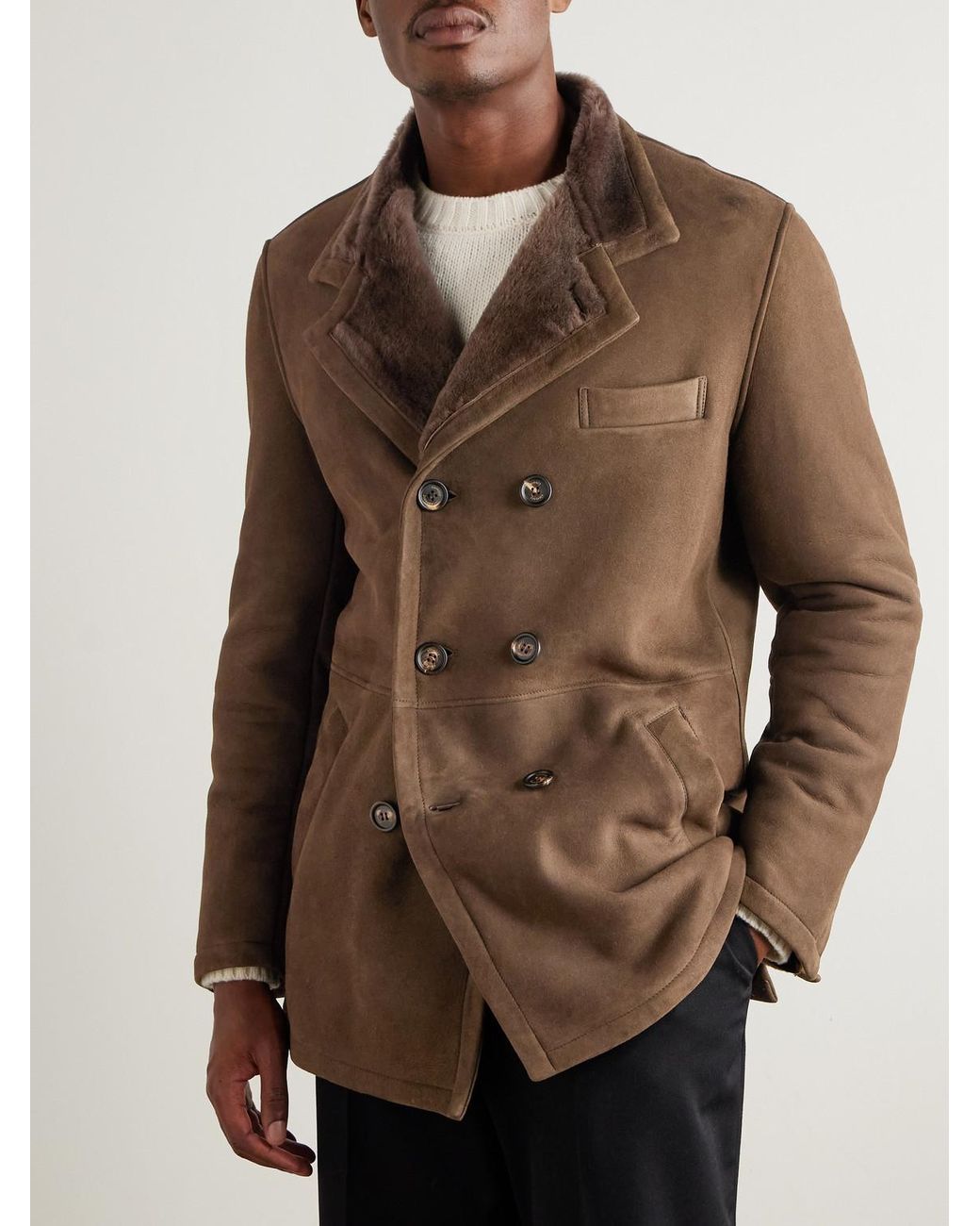 Eleventy Brown Double-Breasted Shearling Overcoat for men