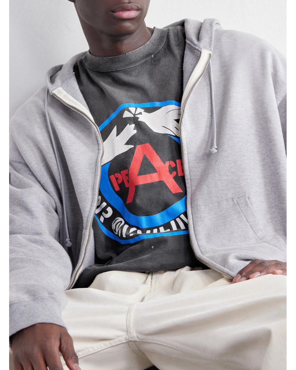 SAINT Mxxxxxx Gray Peace Printed Distressed Cotton-Jersey T-Shirt for men