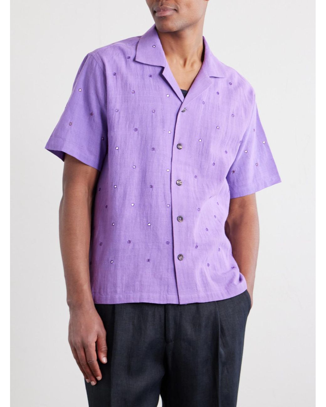 Kartik Research Purple Camp-collar Embellished Cotton Shirt for men
