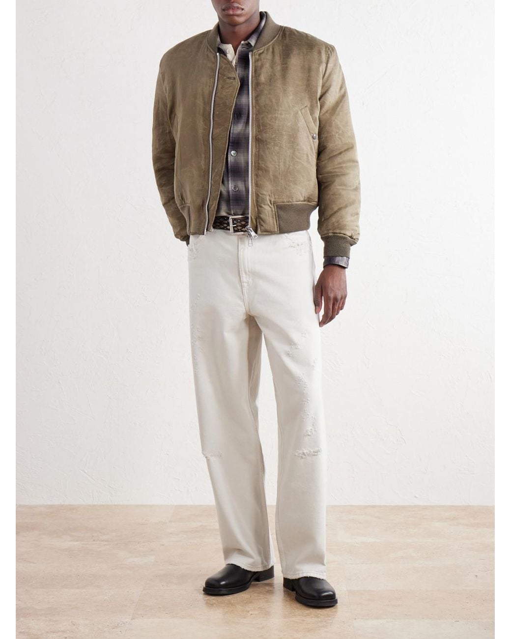 Our Legacy Natural Distressed Waxed Shell Bomber Jacket for men