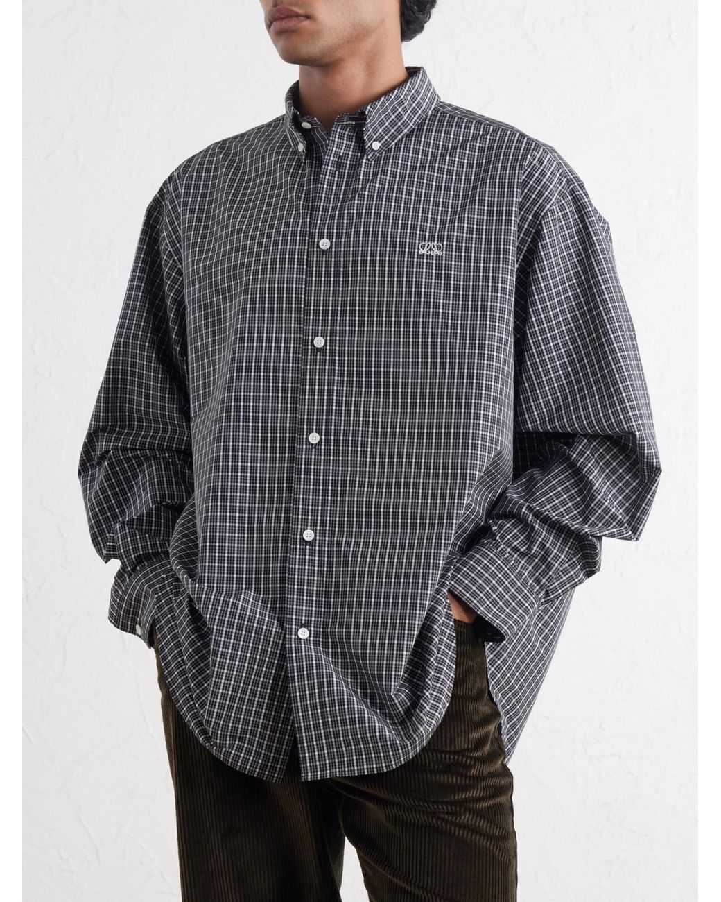 Loewe Gray Logo-Embroidered Checked Shirt for men