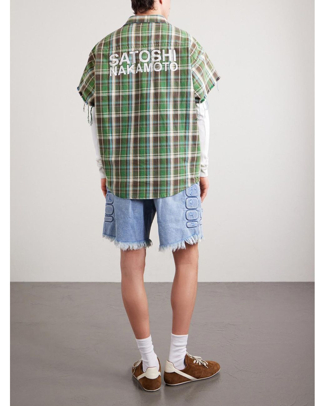 Satoshi Nakamoto Green Layered Frayed Checked Cotton-flannel And Waffle-knit Shirt for men