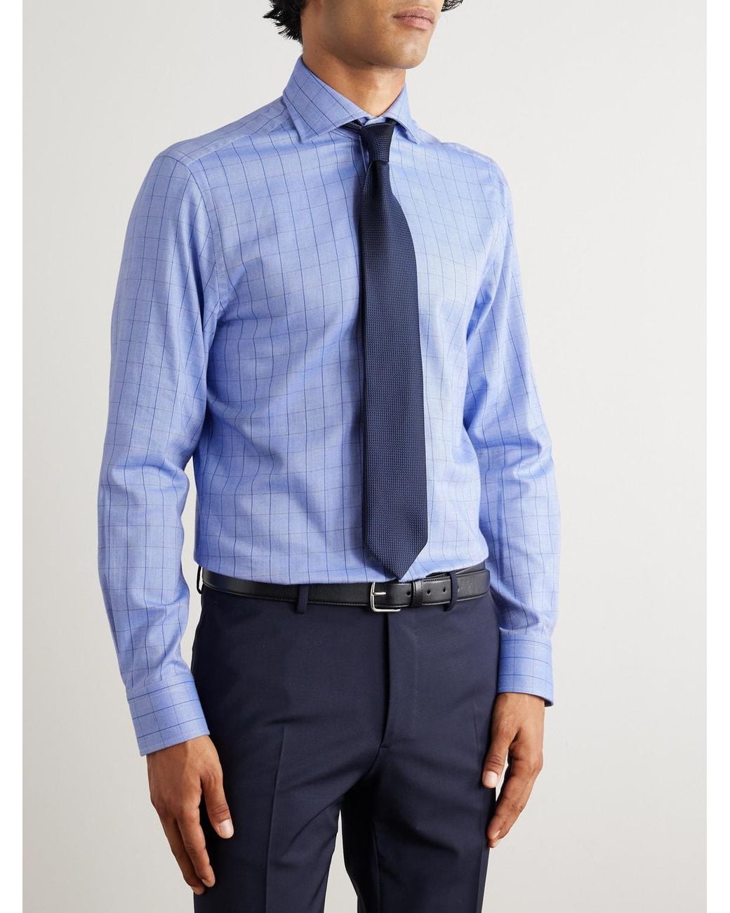 Dunhill Blue Giza Cutaway-collar Checked Cotton And Cashmere-blend Shirt for men