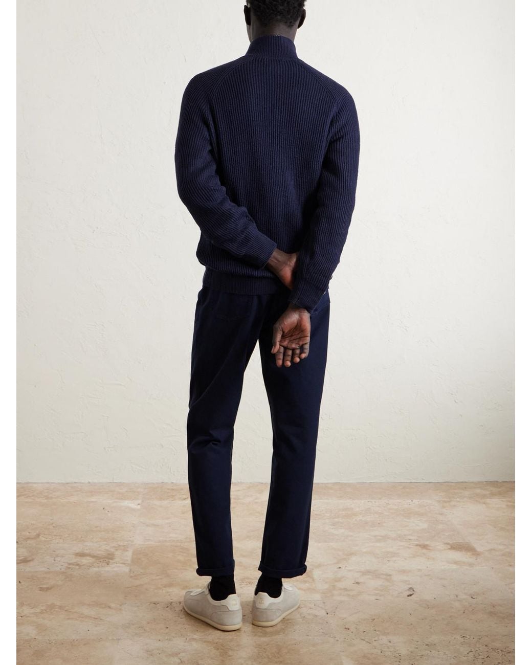 Brunello Cucinelli Blue Ribbed Cotton Zip-Up Sweater for men