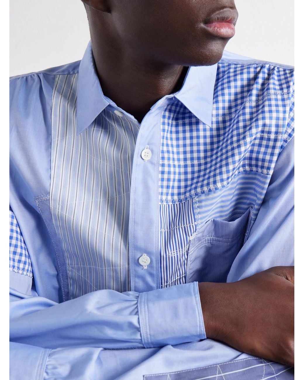 Junya Watanabe Blue Patchwork Cotton-Poplin Shirt for men