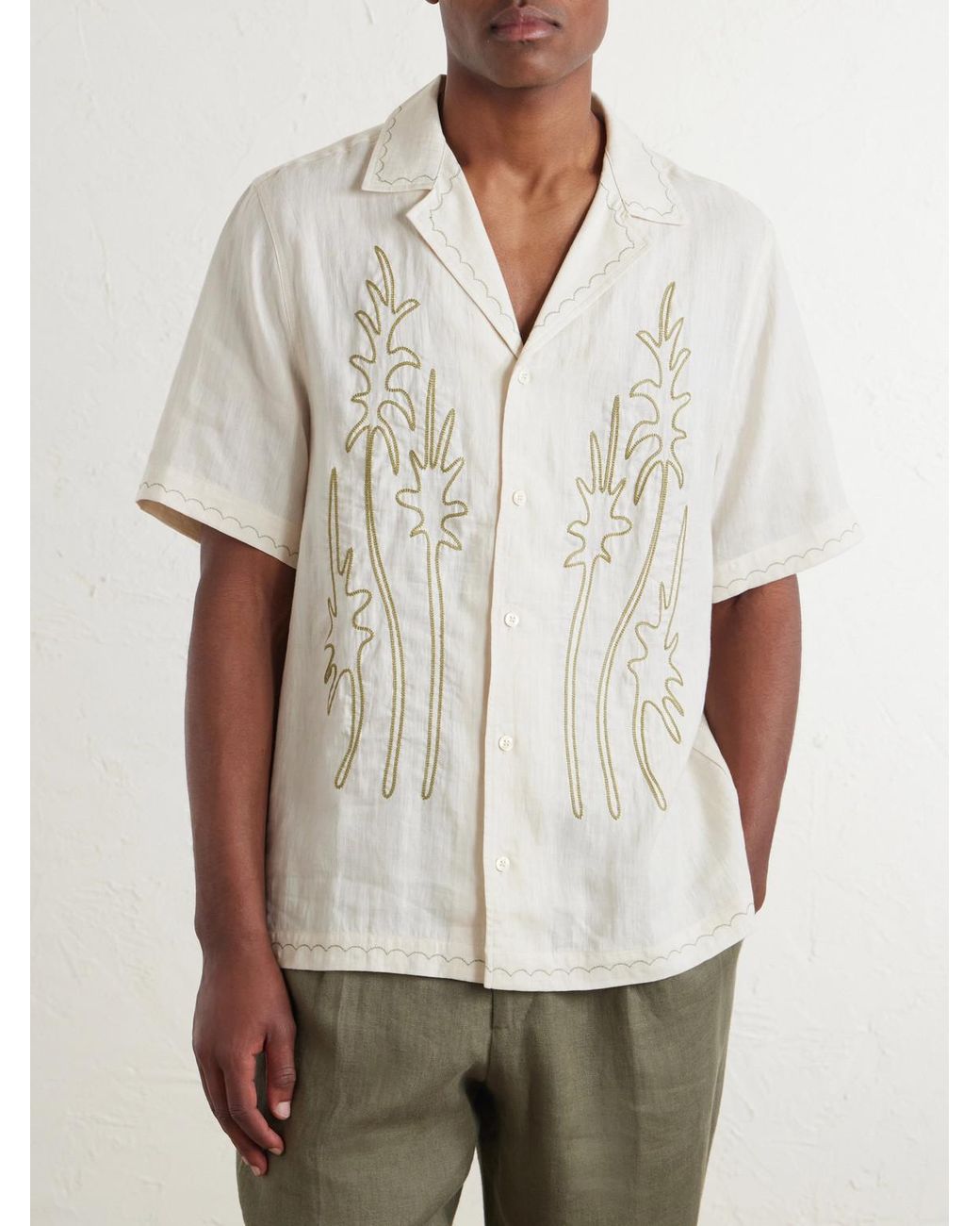 Frescobol Carioca White Alves Embroidered Linen Shirt for men