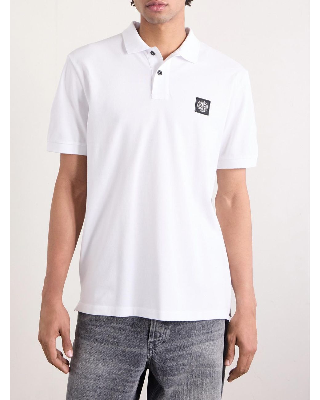 Stone Island White Stretch Cotton-Blend Piqué Polo Shirt for men