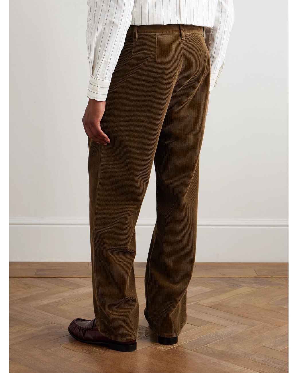 Saint Laurent Brown Straight-leg Pleated Cotton-corduroy Trousers for men