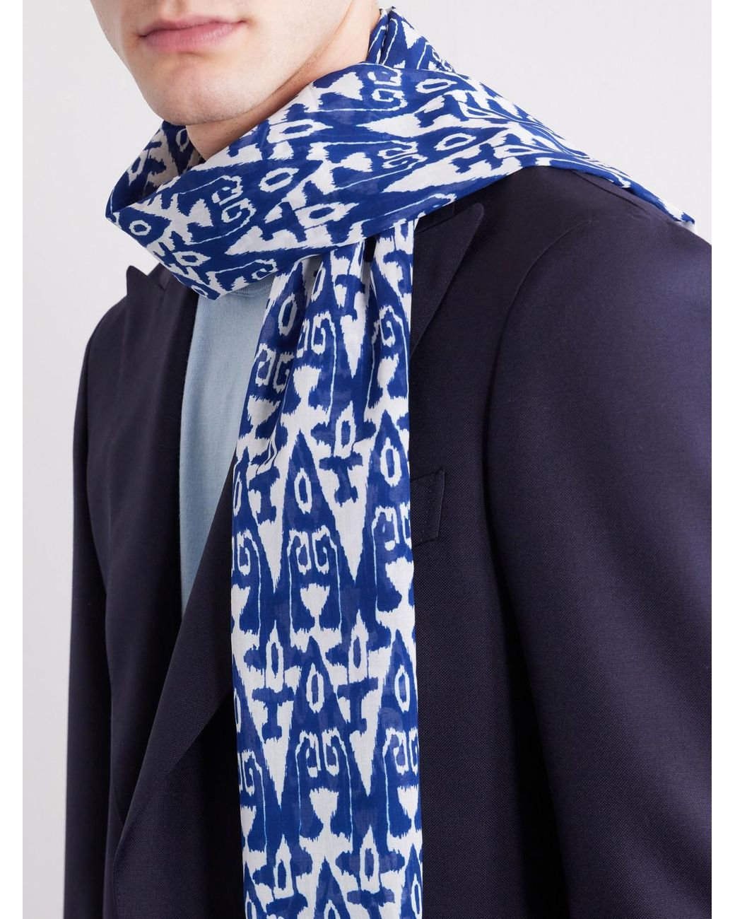 Anderson & Sheppard Blue Printed Cotton-Voile Scarf for men