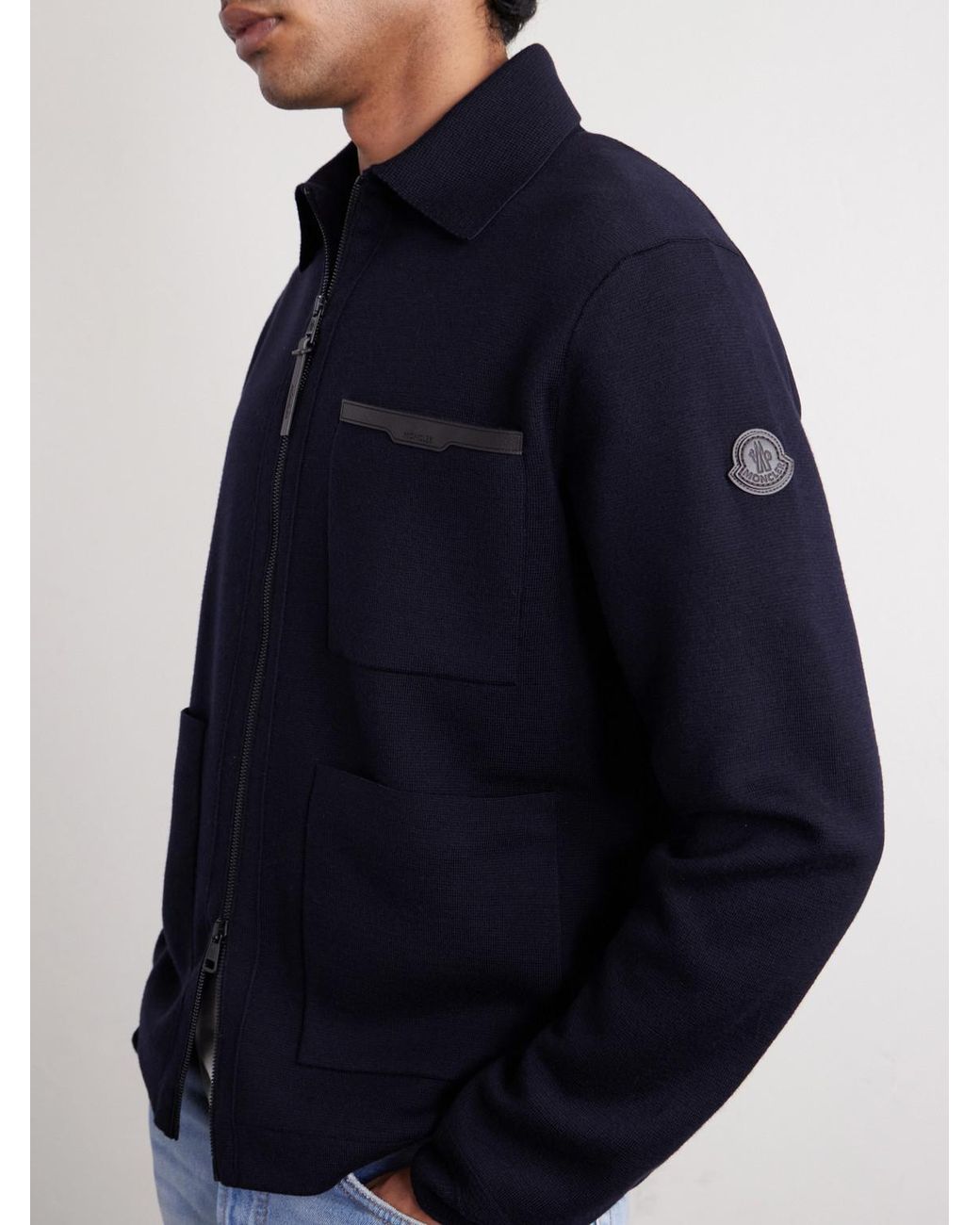 Moncler Blue Leather-Trimmed Virgin Wool Zip-Up Cardigan for men