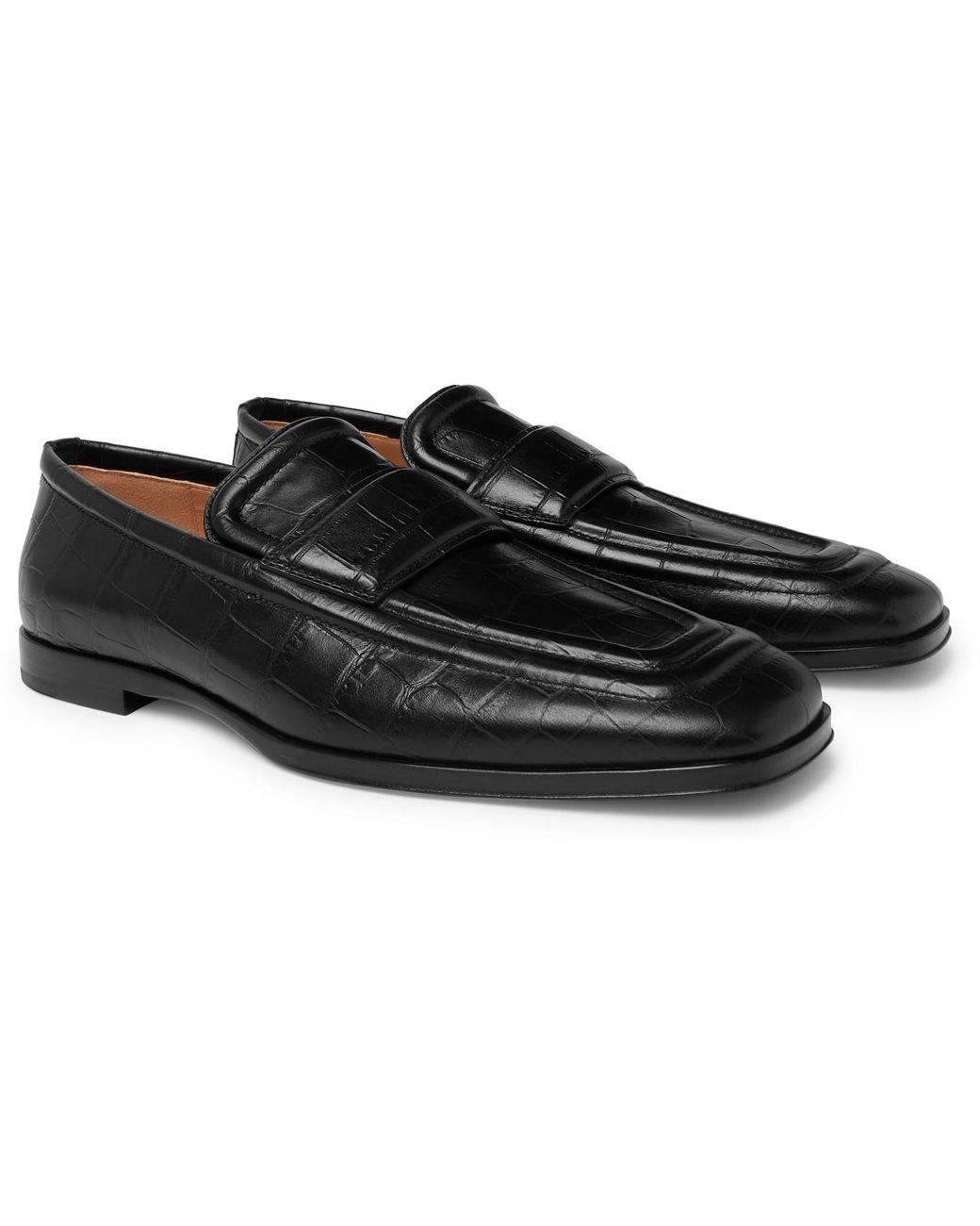 Bottega Veneta Croc-effect Leather Loafers in Black for Men - Lyst