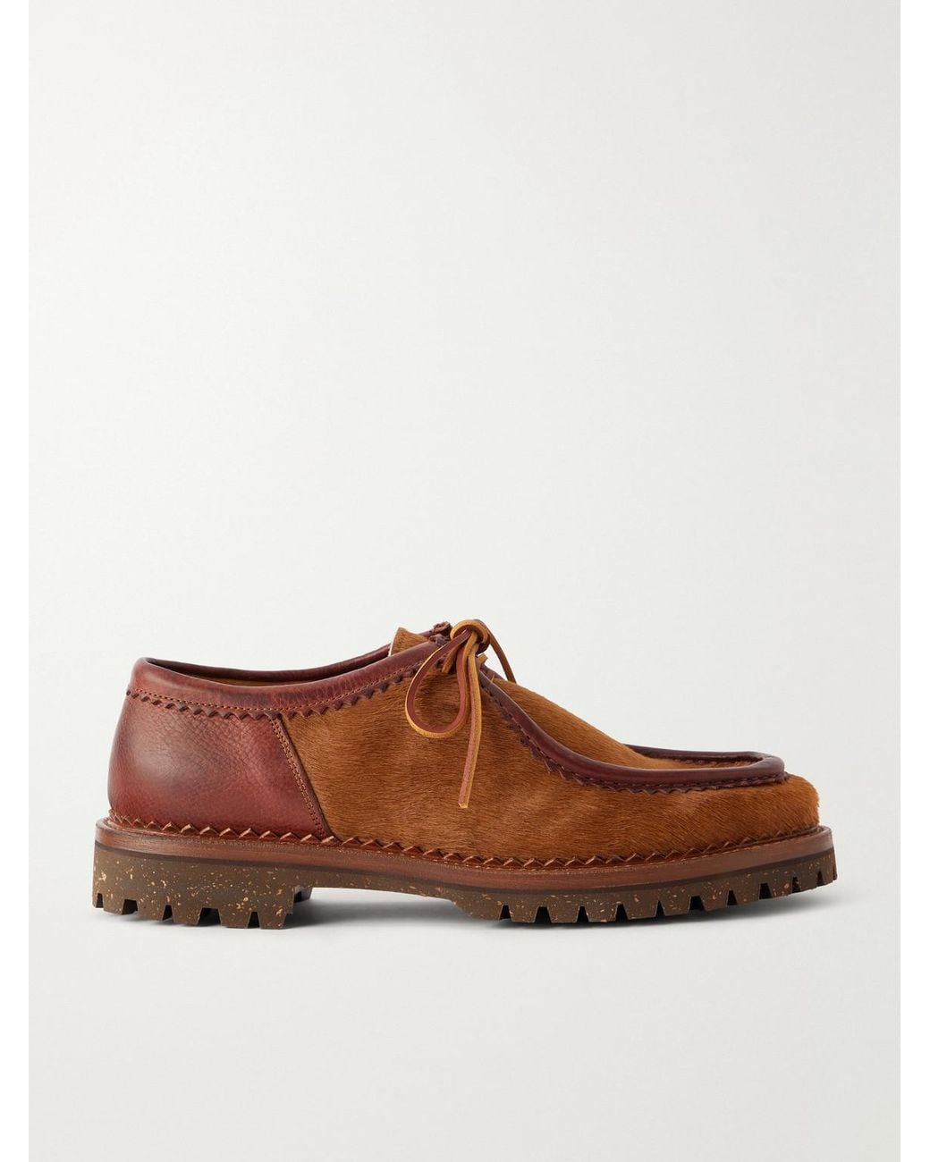 Yuketen Brown Sibillini Tyrolean Leather-Trimmed Calf Hair Derby Shoes for men