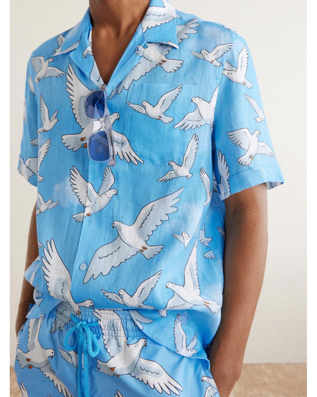 Vilebrequin Blue 3.Paradis Chelly Printed Camp-Collar Linen Shirt for men