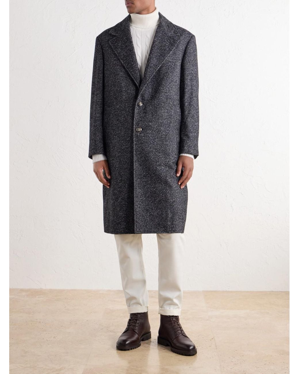 Brunello Cucinelli Blue Herringbone Twill Coat for men