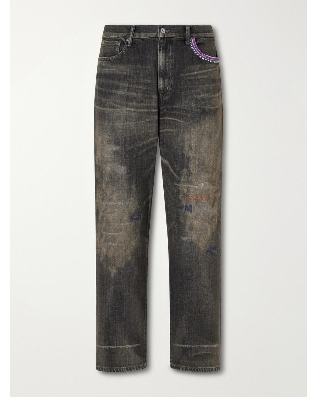 Neighborhood Gray Savage Straight -Leg Bead-Embellished Distressed Jeans for men