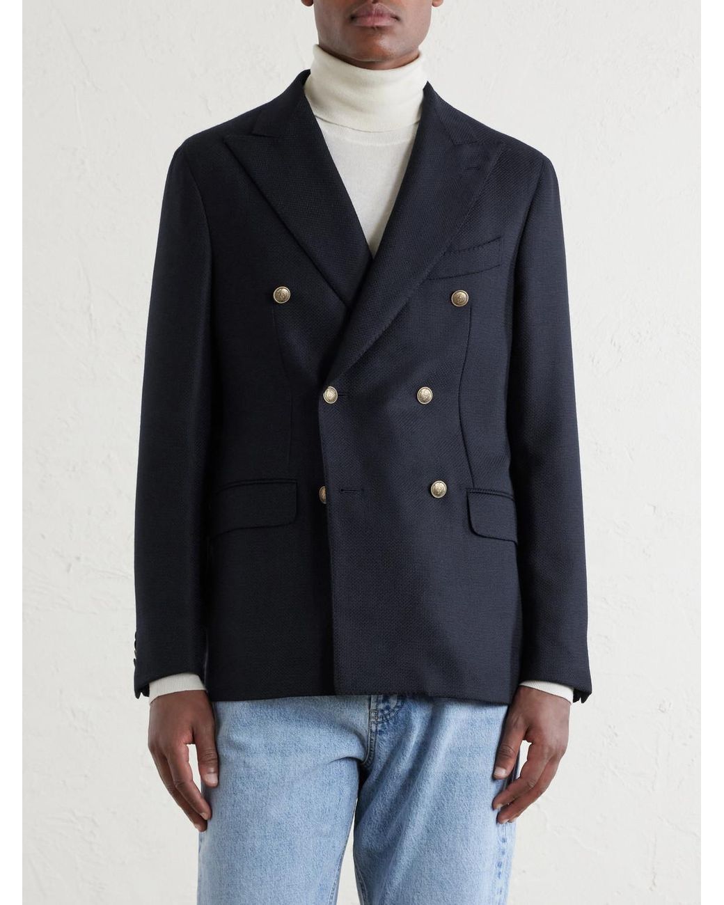 Caruso Blue Aida Double-Breasted Wool-Basketweave Blazer for men