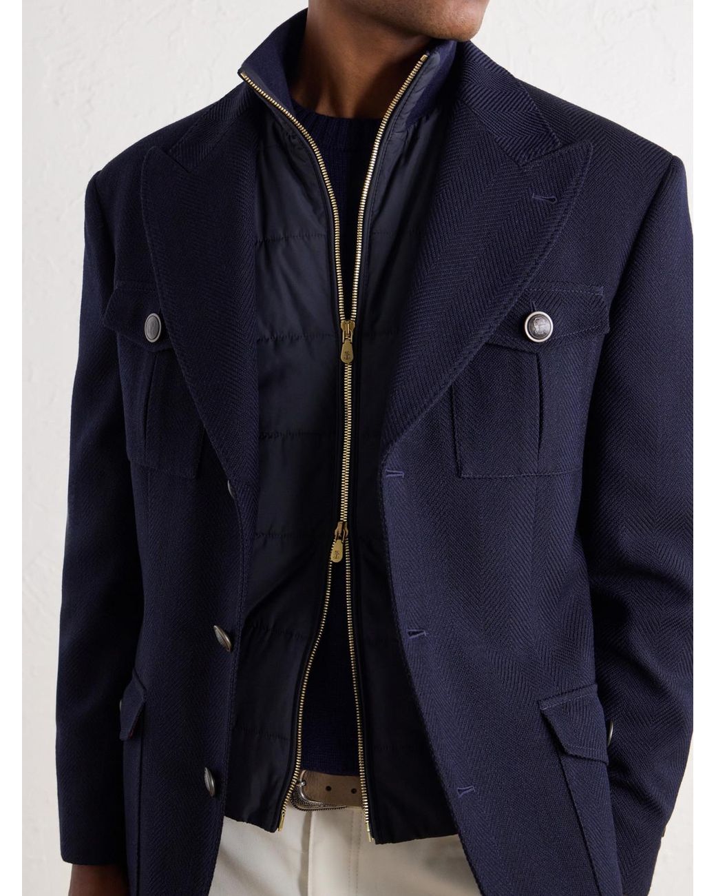 Brunello Cucinelli Blue Herringbone Wool And Cotton-Blend Twill Jacket With Detachable Shell Liner for men