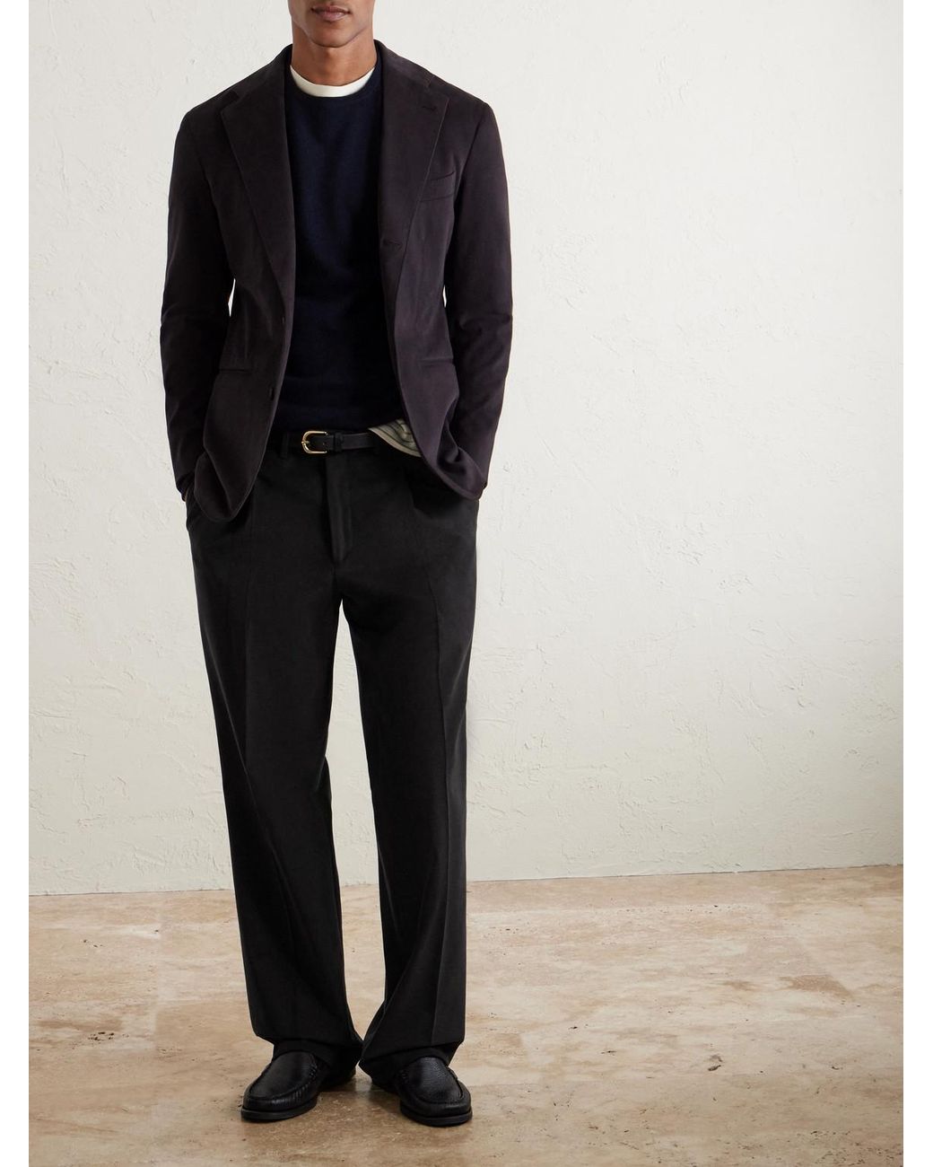 Saman Amel Black Amo Straight-Leg Brushed Cotton-Blend Twill Sui Trousers for men