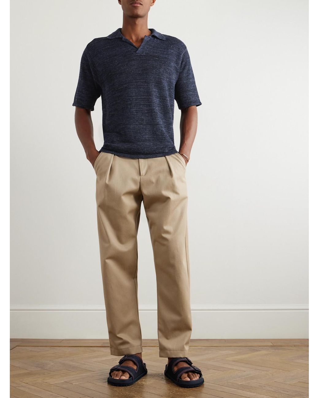 Inis Meáin Blue Knitted Linen Polo Shirt for men