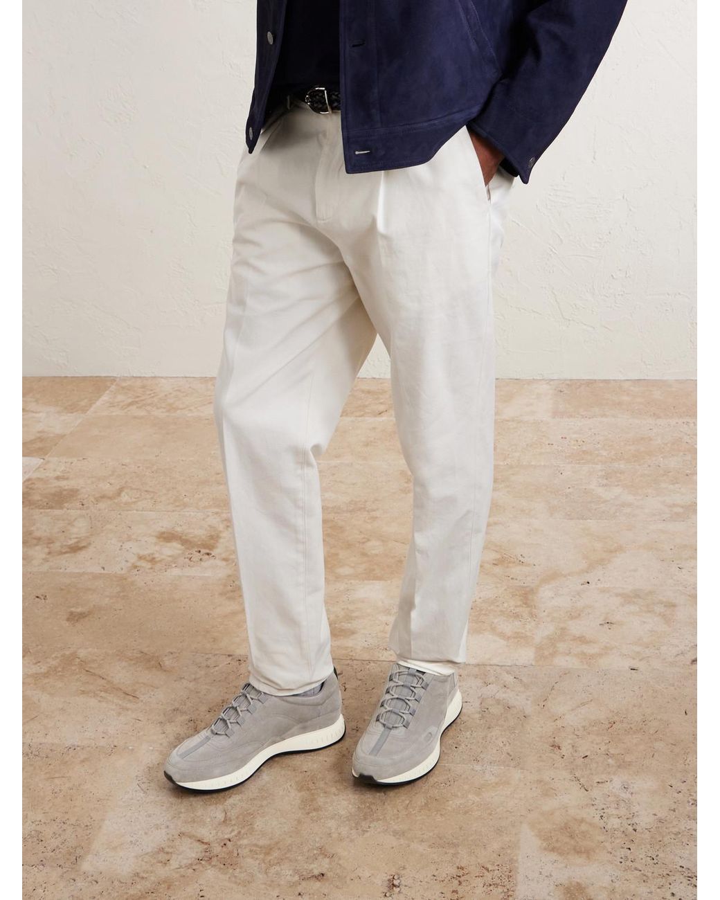 John Lobb White Laced Stream Suede Sneakers for men