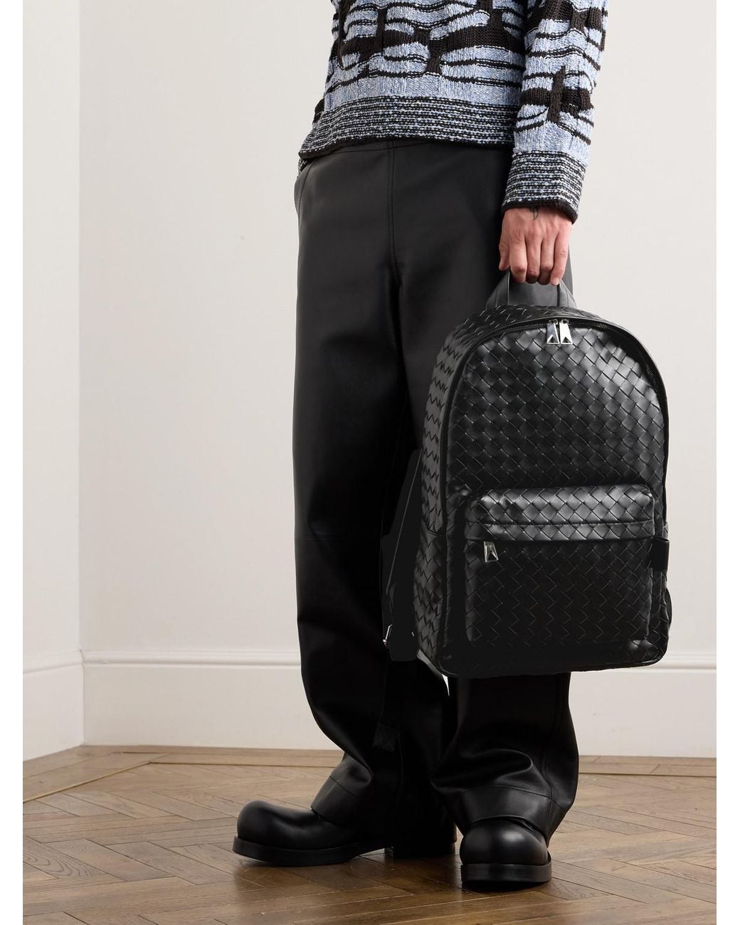 Bottega Veneta Black Avenue Intrecciato Leather Backpack for men