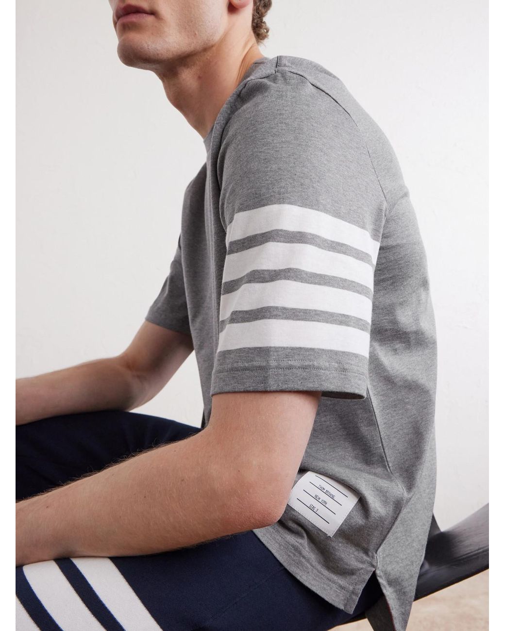 Thom Browne Gray Logo-Appliquéd Striped Cotton-Jersey T-Shirt for men