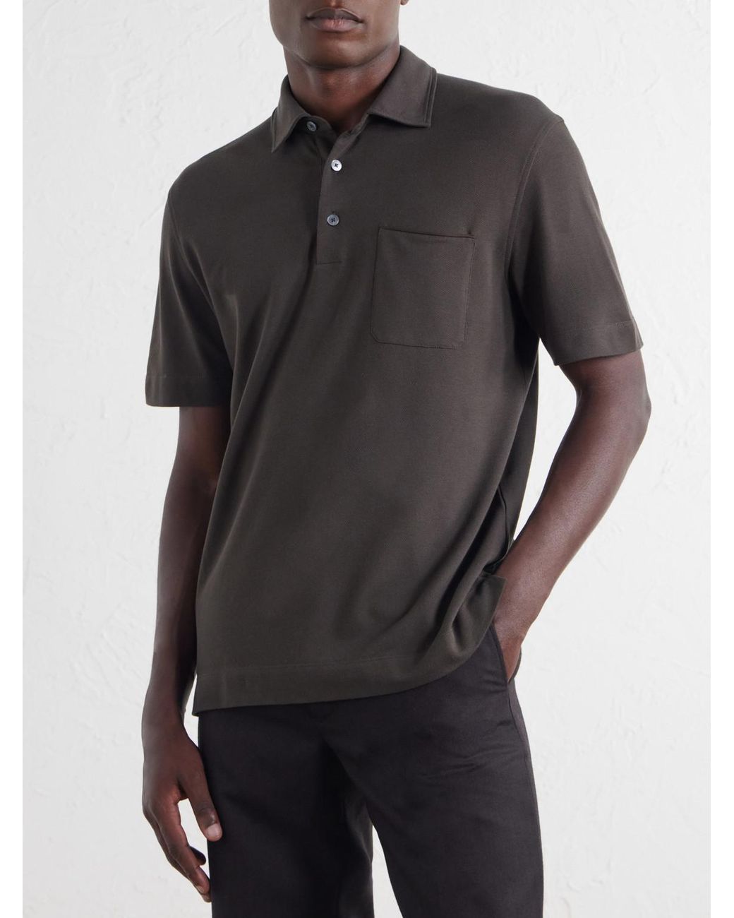 Zegna Black Leather-Trimmed Cotton-Piqué Polo Shirt for men