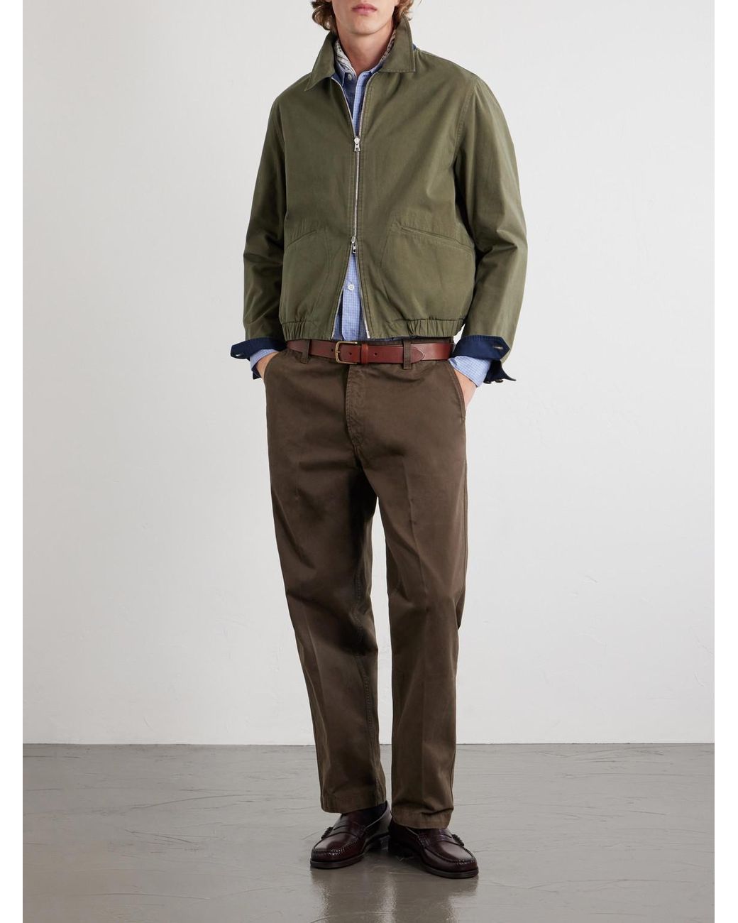 Drake's Brown Straight-Leg Peached Cotton-Twill Trousers for men