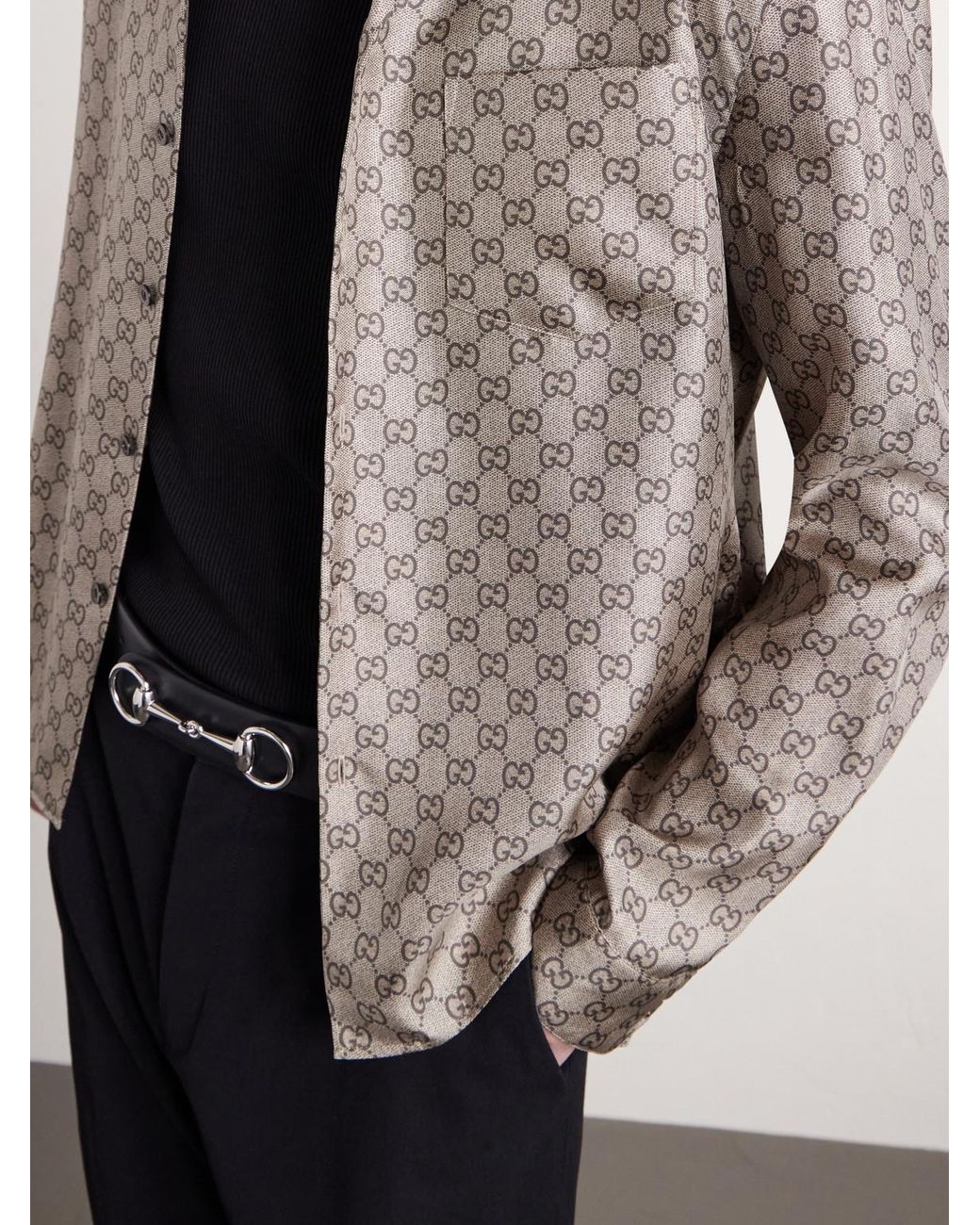 Gucci White Camp-Collar Logo-Jacquard Silk-Twill Shirt for men