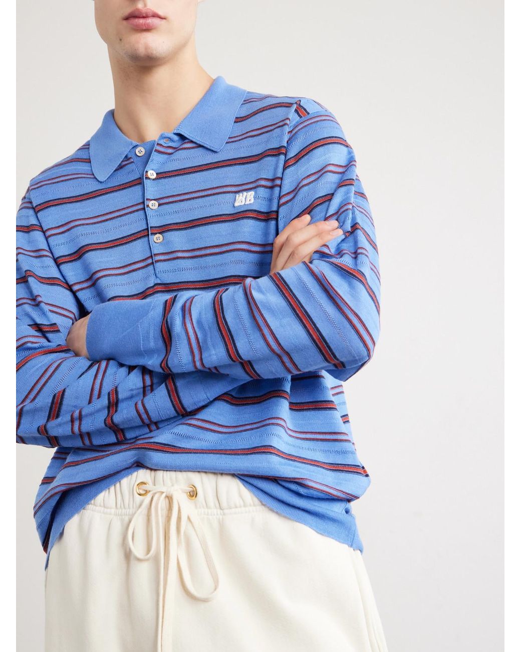 Wales Bonner Blue Beam Striped Wool And Cotton Polo Shirt for men