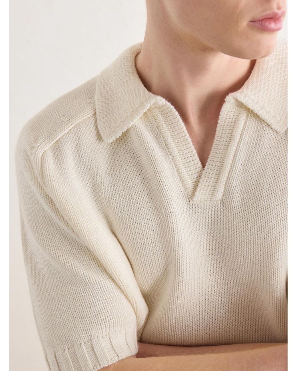 De Petrillo White Knitted Cotton Polo Shirt for men