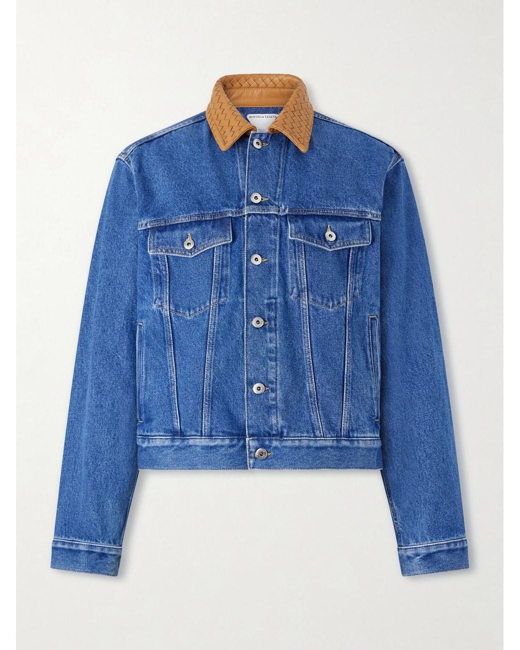 Bottega Veneta Blue Intrecciato Leather-Trimmed Panelled Denim Jacket for men