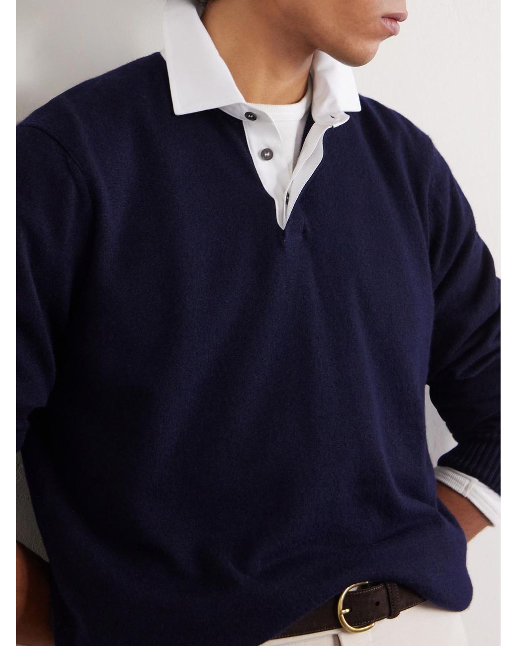 Dunhill Blue Cotton-trimmed Cashmere And Linen-blend Polo Shirt for men
