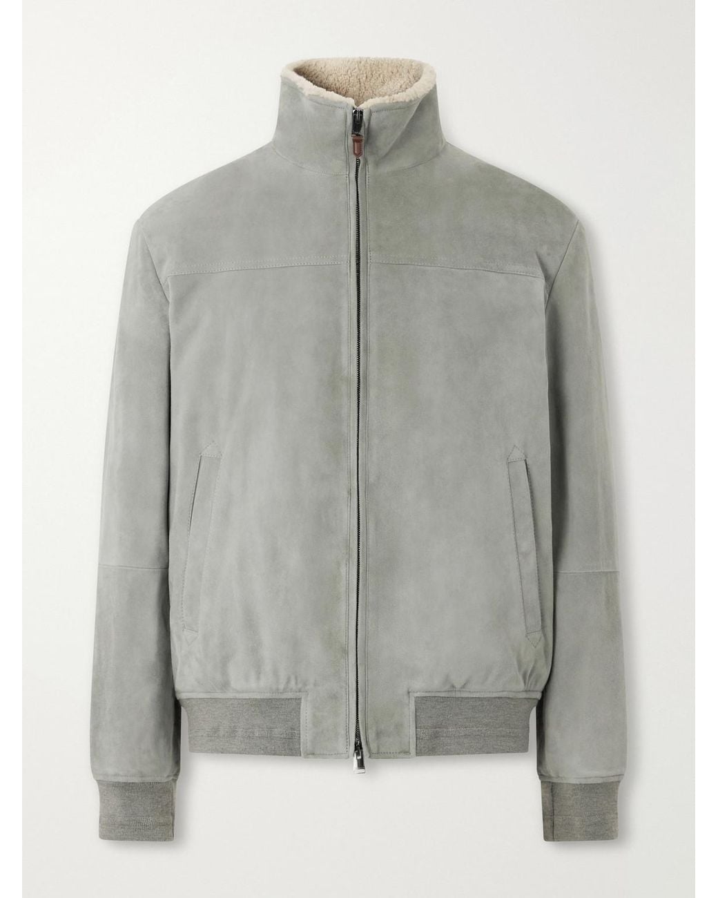 Canali Gray Padded Shearling-Trimmed Suede Bomber Jacket for men