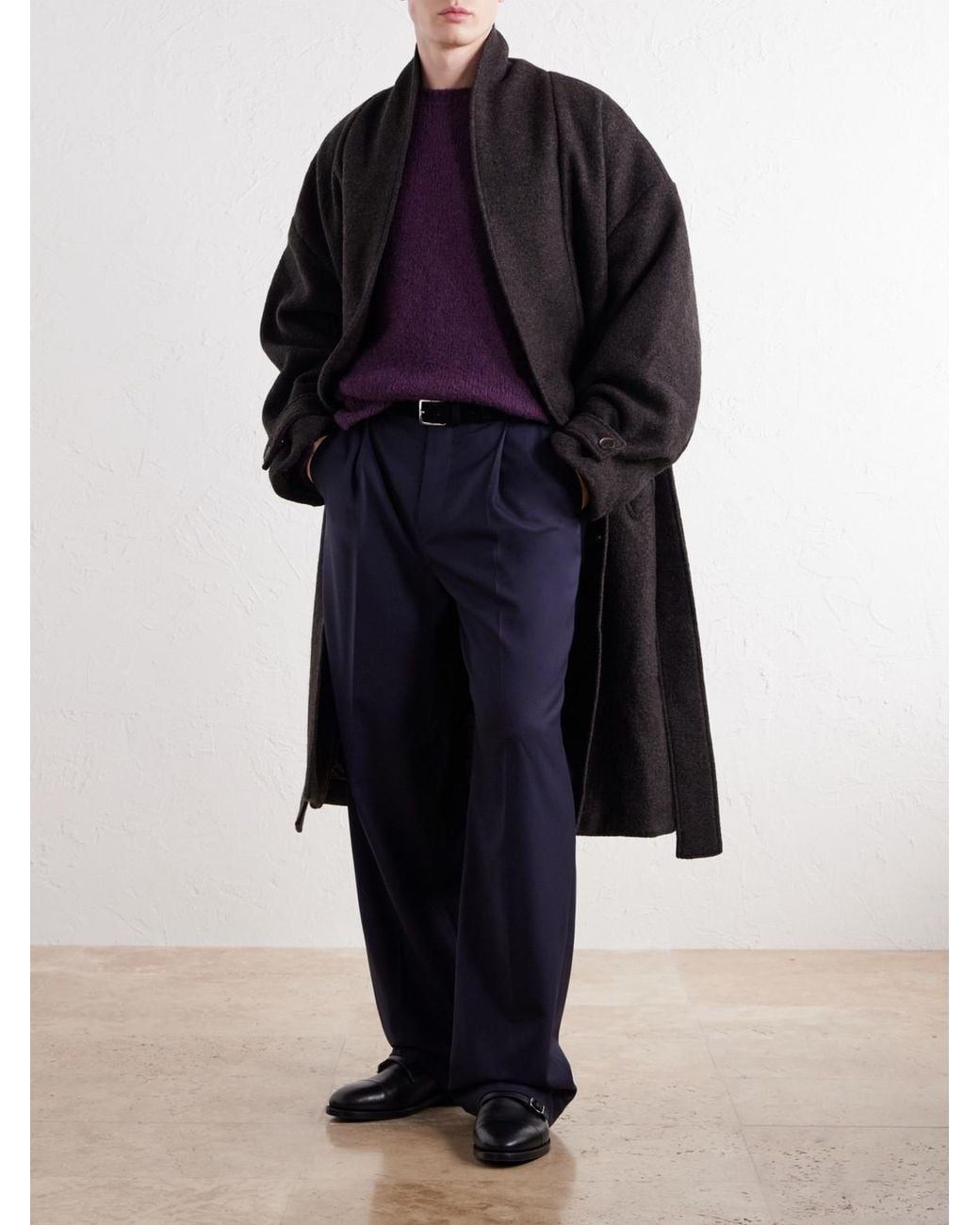 A Kind Of Guise Black Jaca Shawl-Collar Belted Virgin Wool-Felt Coat for men