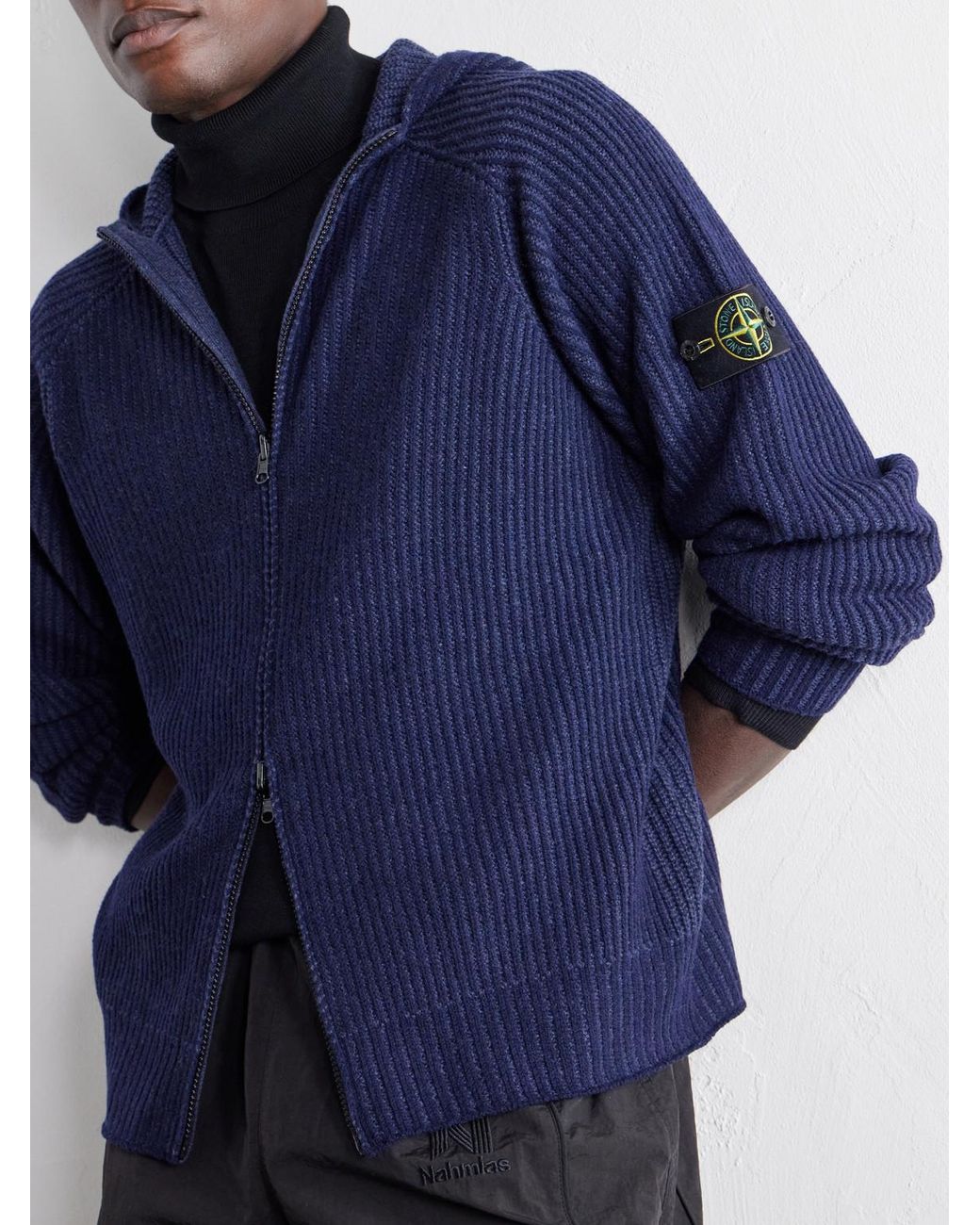 Stone Island Blue Ribbed Cashmere And Wool-Blend Zip-Up Hoodie for men