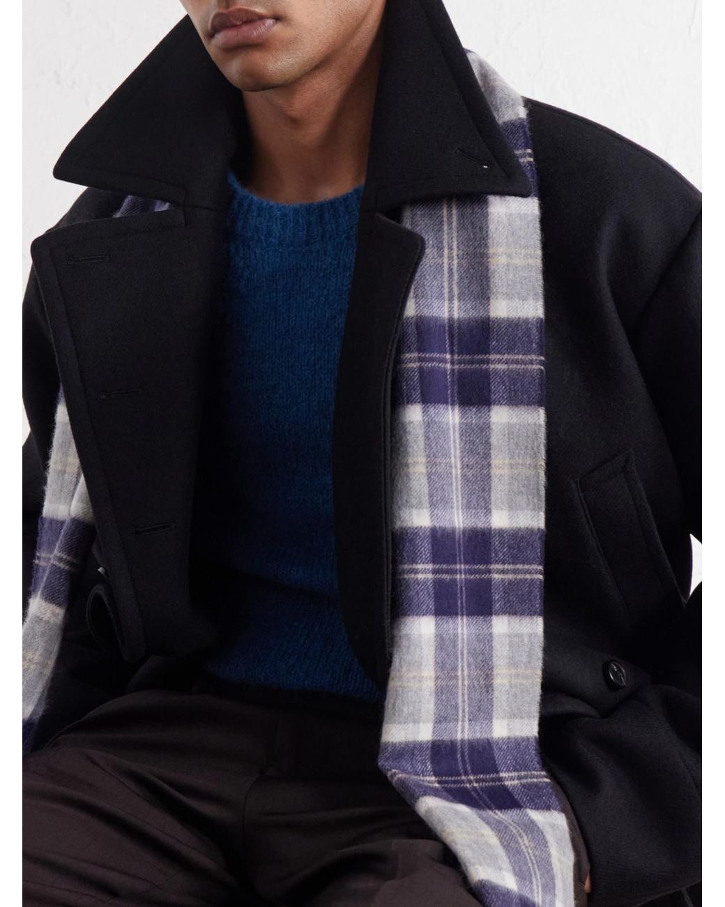 Johnstons Blue Fringed Checked Cashmere Scarf for men