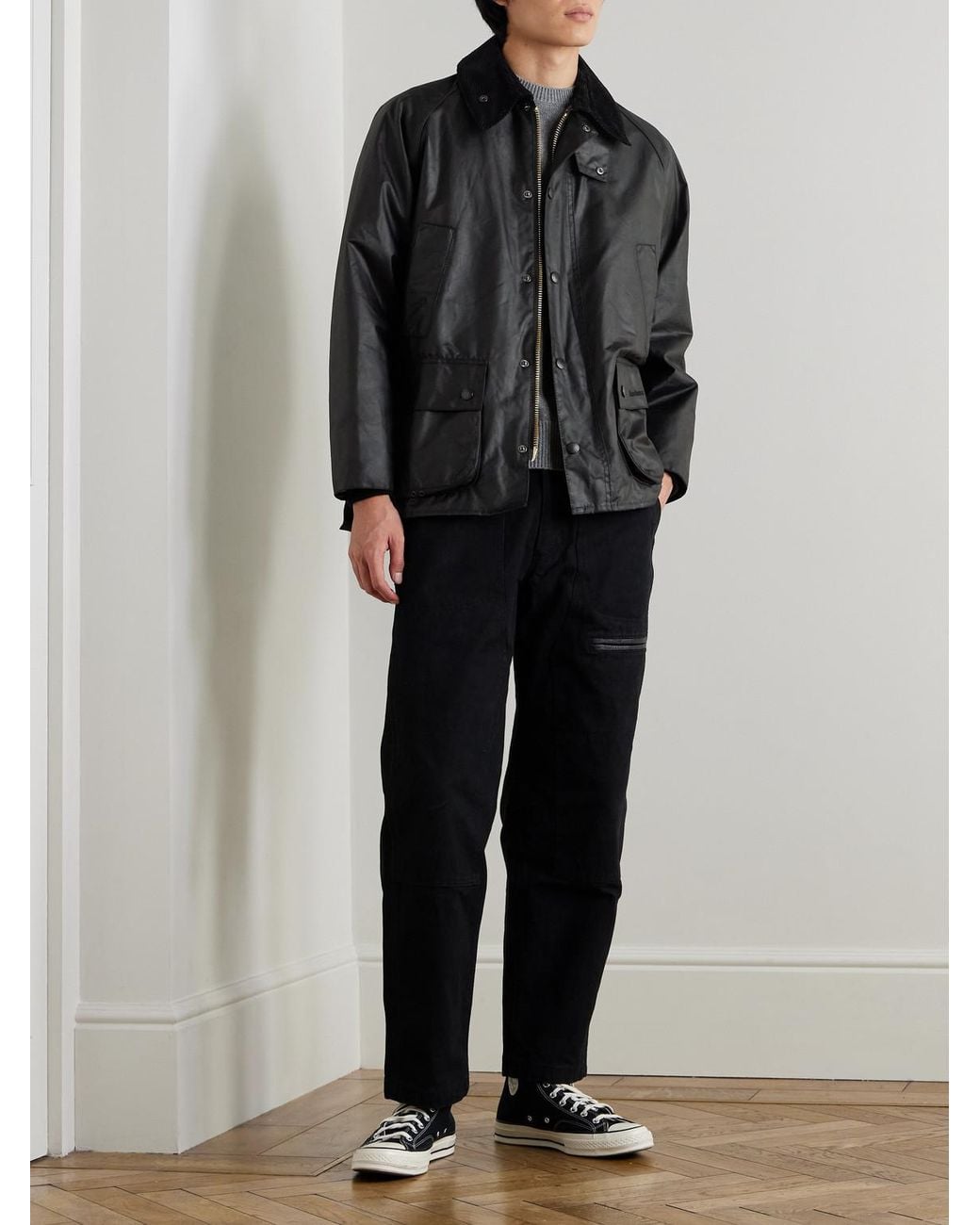 Bedale Corduroy-Trimmed Waxed-Cotton Jacket di Barbour in Black da Uomo
