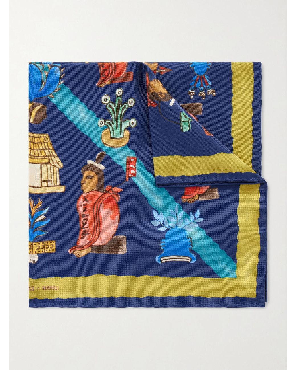 Rubinacci Blue Printed Silk-Twill Pocket Square for men