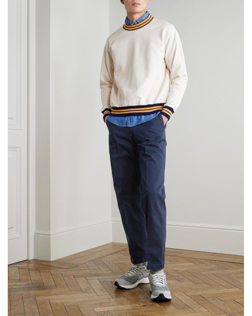 Drake's Blue Straight-Leg Peached Cotton-Twill Trousers for men