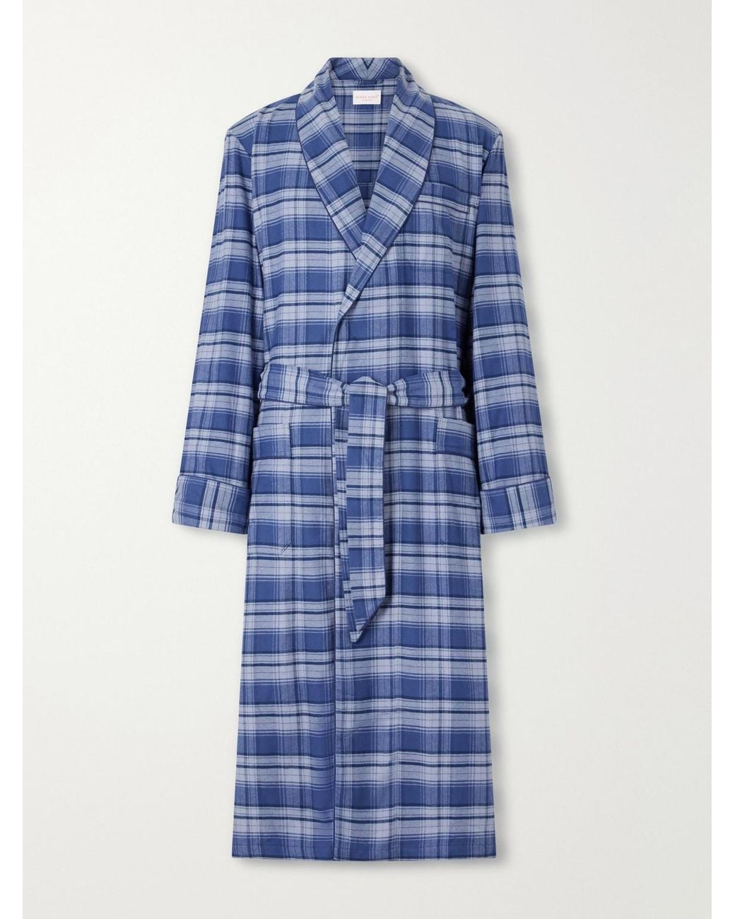 Derek Rose Blue Kelburn Belted Checked Brushed Cotton-Flannel Robe for men