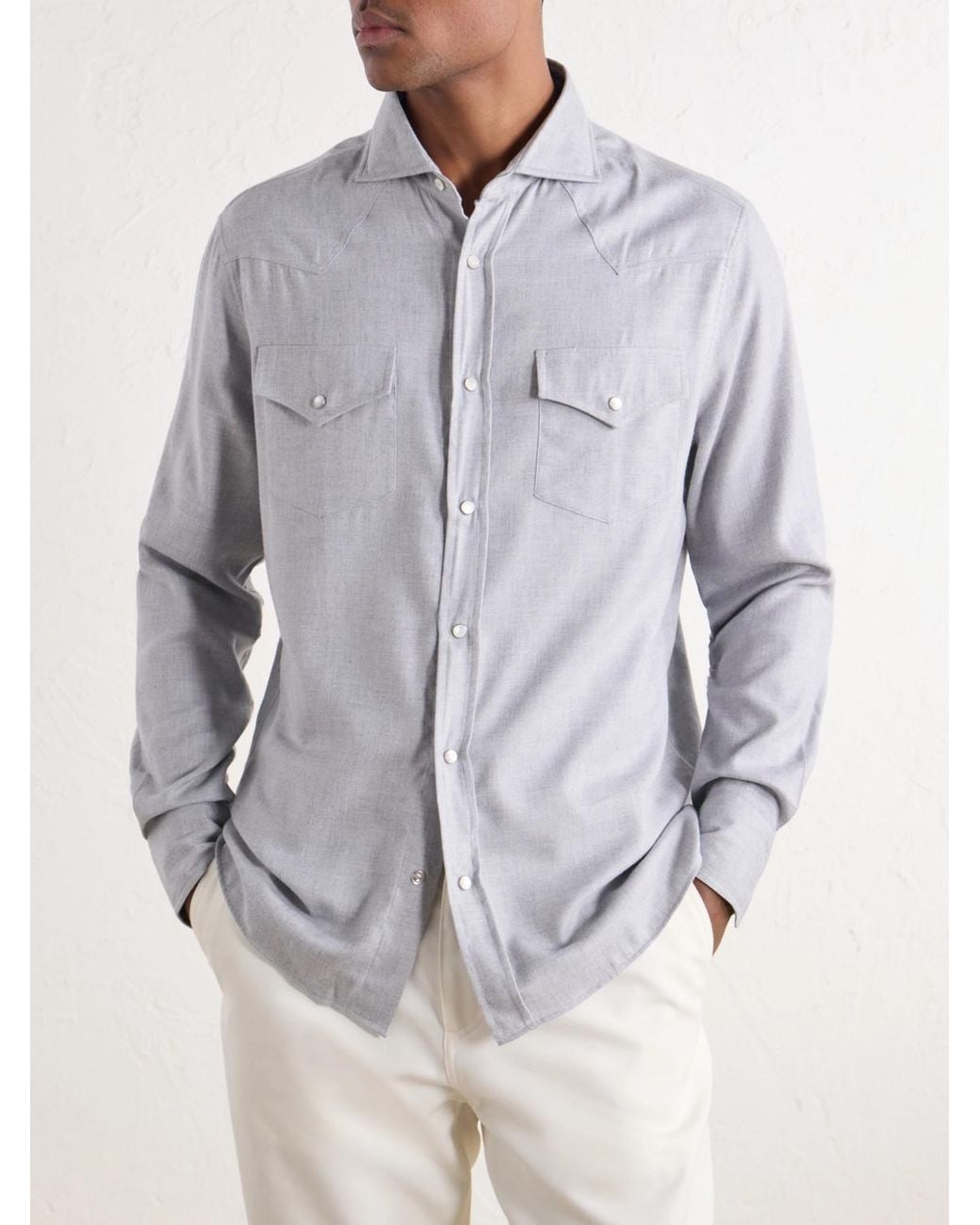 Brunello Cucinelli Gray Cotton-Flannel Western Shirt for men
