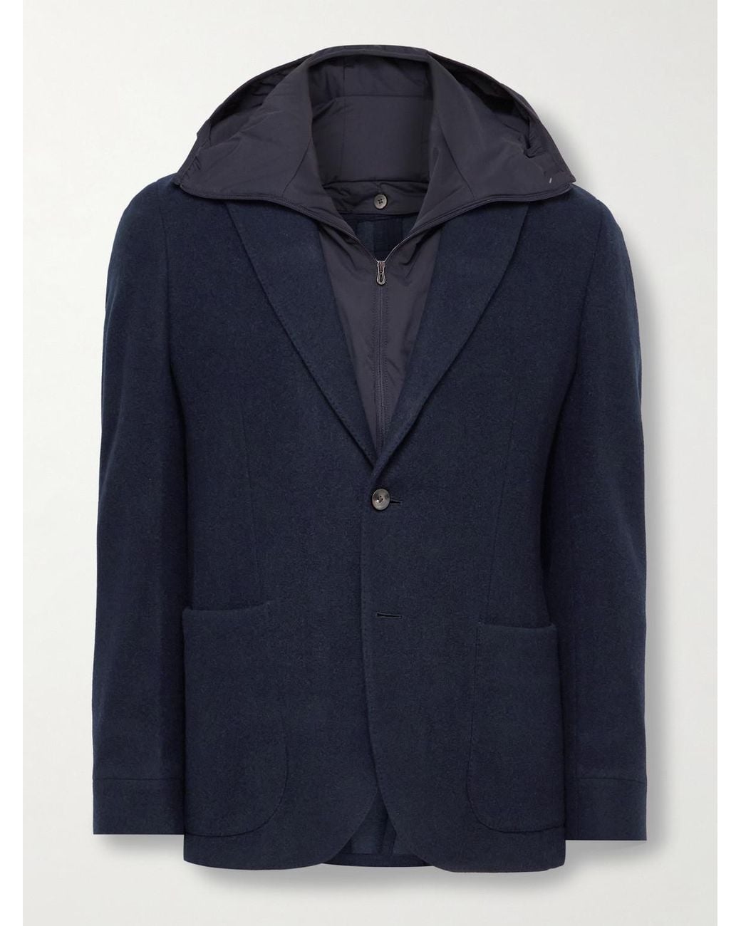 Sease Blue Panelled Virgin Wool-Blend And Nylon-Blend Hooded Blazer for men