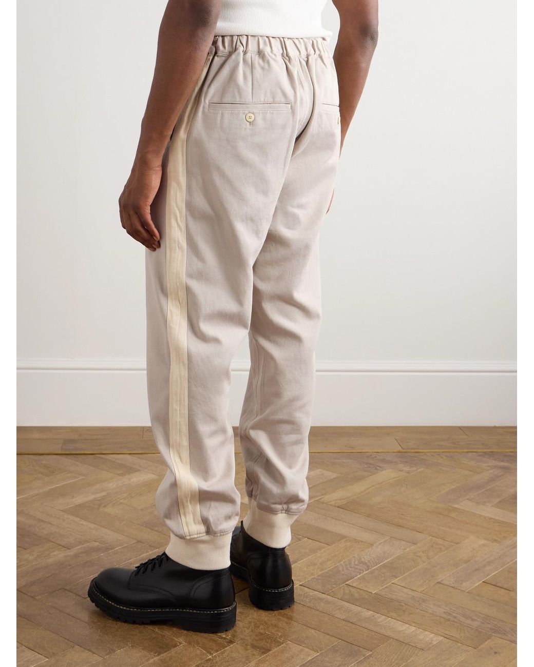 Visvim Natural Bertone Tapered Grosgrain-striped Cotton-twill Trousers for men