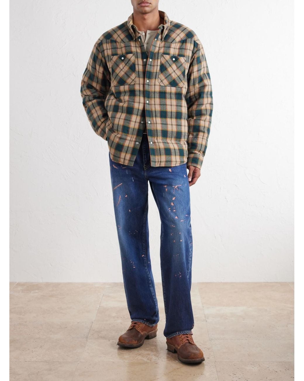 Visvim Green Kerchief Checked Wool And Linen-Blend Down Jacket for men