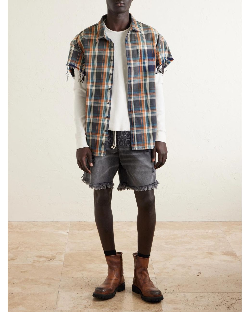 Satoshi Nakamoto Orange Layered Frayed Checked Cotton-flannel And Waffle-knit Shirt for men